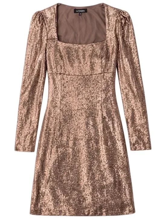 Intermix Hilary brown Bronze Sequin Mini Dress Long Sleeve Square Neck Size 8 - Picture 2 of 7